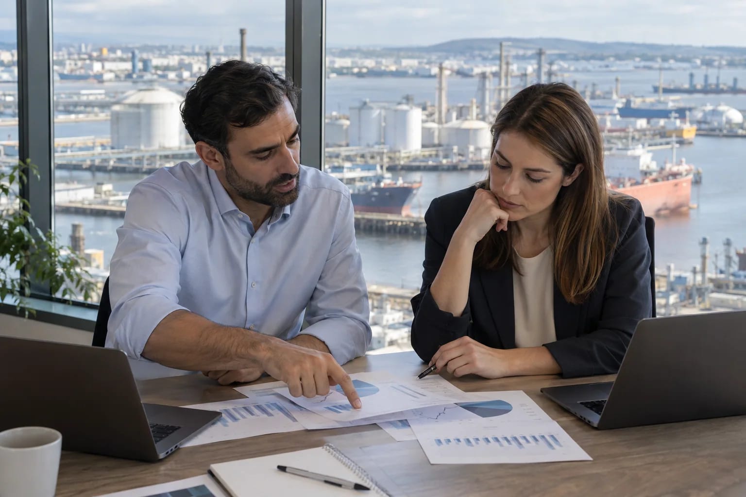 Scène illustrative d’analyse énergétique dans un bureau donnant sur un port