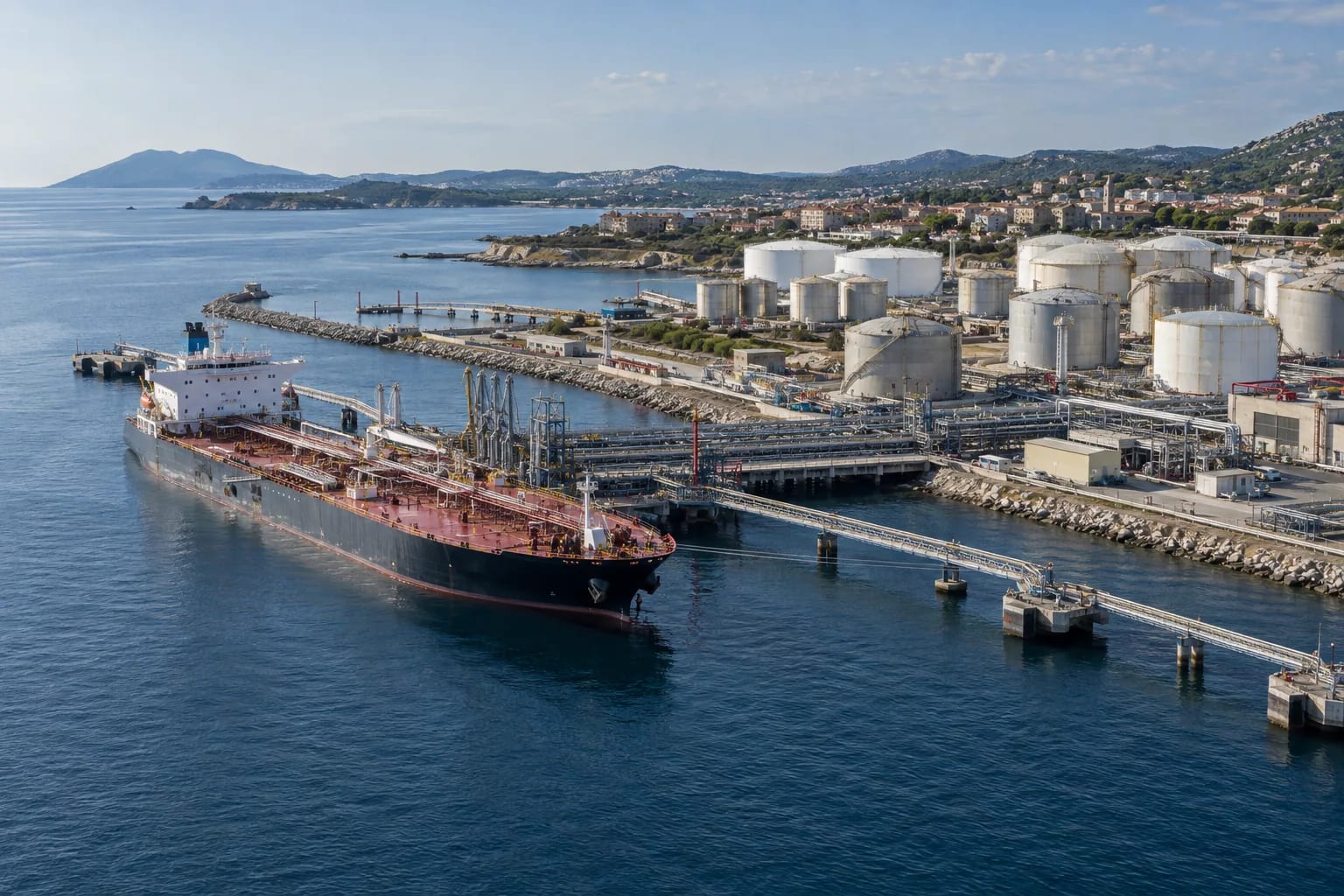 Vue aérienne illustrative d’un terminal maritime et de ses réservoirs